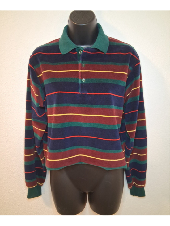 Campus Velour Tops - Vintage 70s Campus Velour Women's Medium Crop Boyfriend Polo Shirt Long Sleeve